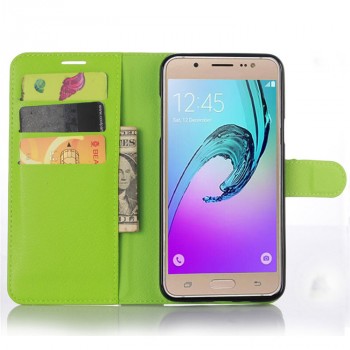 Чехол портмоне подставка для Samsung Galaxy J7 (2016) с магнитной защелкой и отделениями для карт Зеленый