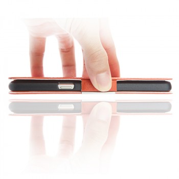 Кожаный чехол флип подставка на пластиковой основе с окном вызова и свайпом для Samsung Galaxy J5 (2016) Оранжевый