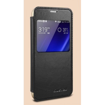 Кожаный чехол флип подставка на пластиковой основе с окном вызова для Samsung Galaxy S6 Черный