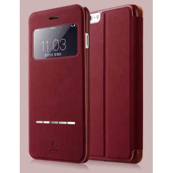 Чехол флип на пластиковой основе с окном вызова и сенсорной полоской принятия вызова для Iphone 6 Plus Красный