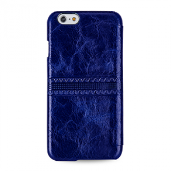 Кожаный чехол горизонтальная книжка (нат. кожа с вощеным покрытием) с ручной кожаной отделкой Sew Line для Iphone 6 Синий