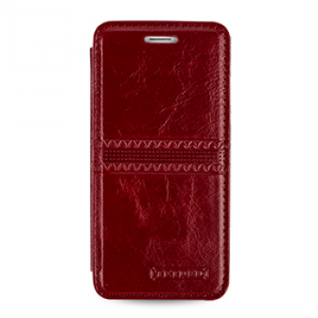 Кожаный чехол горизонтальная книжка (нат. кожа с вощеным покрытием) с ручной кожаной отделкой Sew Line для Iphone 6 Красный