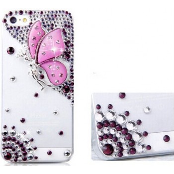 Пластиковый транспарентный чехол с аппликацией из страз Бабочка для Iphone 6 Пурпурный