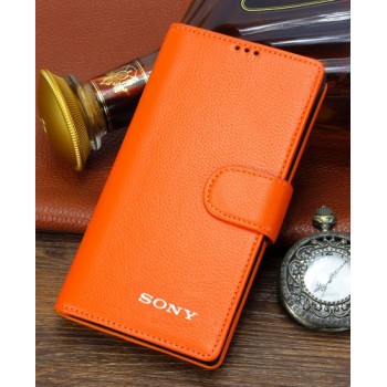 Кожаный чехол портмоне (нат. кожа) с крепежной застежкой для Sony Xperia Z3 Compact Оранжевый
