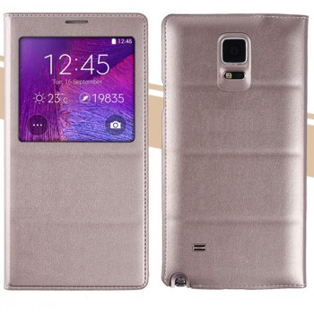 Оригинальный встраиваемый кожаный чехол смарт флип с окном вызова на пластиковой основе для Samsung Galaxy Note 4 Бежевый