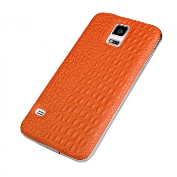 Кожаный встраиваемый чехол накладка (нат. кожа рептилии) серия Back Cover для Samsung Galaxy S5 Оранжевый