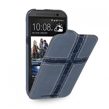Кожаный чехол книжка (нат. кожа) с фигурными кожаными вставками ручной работы для HTC One (M8)