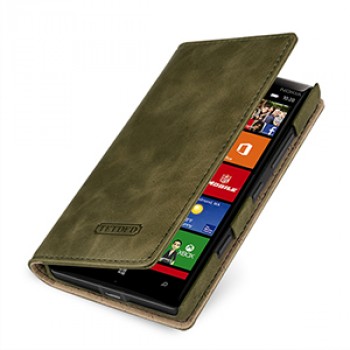 Эксклюзивный кожаный чехол портмоне (премиум нат. вощеная кожа) на кожаной основе для Nokia Lumia 930 Зеленый