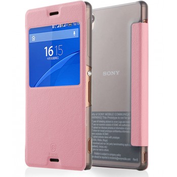 Чехол смарт флип на полупрозрачной пластиковой основе с окном вызова для Sony Xperia Z3 Розовый