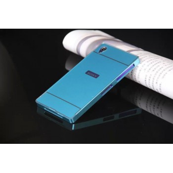 Двухкомпонентный чехол с металлическим бампером и поликарбонатной накладкой с отверстием под лого для Sony Xperia Z1 Синий