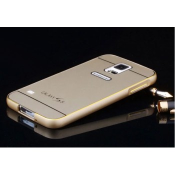 Двухкомпонентный чехол с металлическим бампером с золотой окантовкой и одноцветной поликарбонатной накладкой дизайн Яблоко для Samsung Galaxy S5 (Duos)