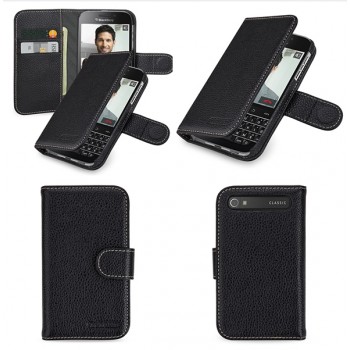 Кожаный чехол портмоне (нат. кожа) с крепежной застежкой для Blackberry Classic Черный
