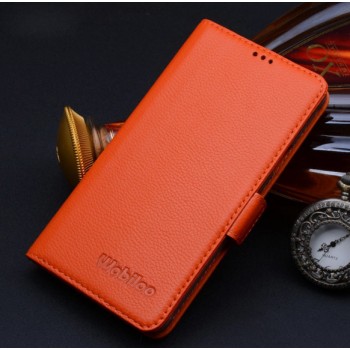Кожаный чехол портмоне (нат. кожа) подставка на пластиковой основе для Samsung Galaxy S6 Оранжевый