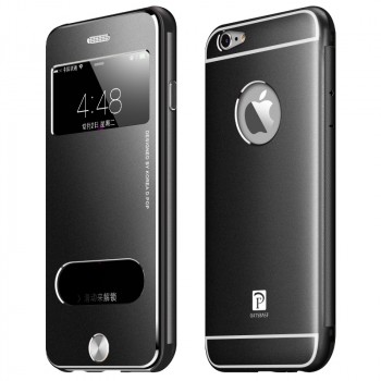 Металлический ультратонкий 9 мм чехол флип премиум с окном вызова и свайпом для Iphone 6 Plus Черный