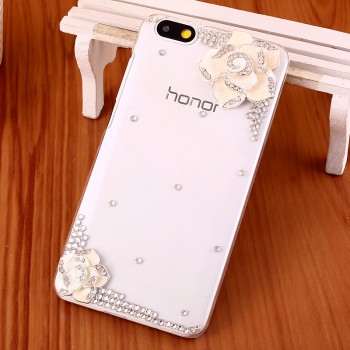Пластиковый транспарентный чехол с аппликациями стразами и бижутерией ручной работы для Huawei Honor 4X 