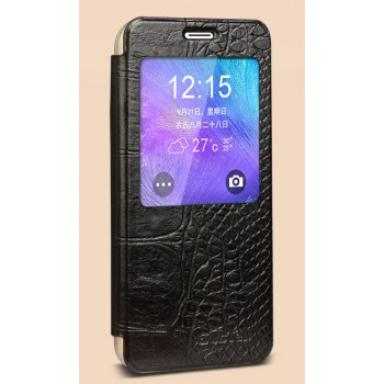 Кожаный чехол горизонтальная книжка (нат. кожа крокодила) с окном вызова на пластиковой основе для Samsung Galaxy S6 Edge Черный