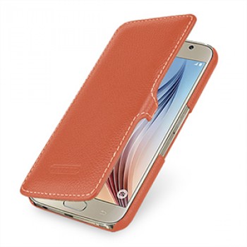 Кожаный чехол горизонтальная книжка (нат. кожа) с защелкой для Samsung Galaxy S6 Оранжевый