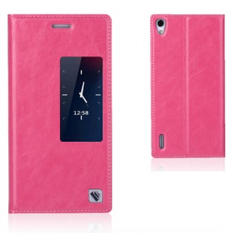 Чехол флип с активным окном вощеная кожа для Huawei Ascend P7 Розовый