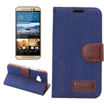 Чехол портмоне подставка с джинсовой текстурой, магнитной защелкой и пластиковой основой для HTC One M9 Синий