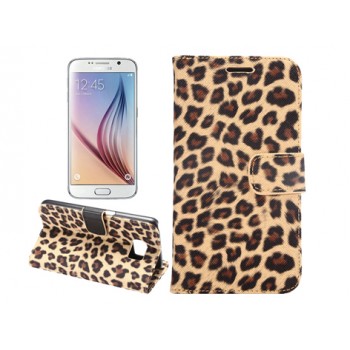 Чехол портмоне подставка с защелкой с полноповерхностным принтом Леопард для Samsung Galaxy S6 Edge Бежевый