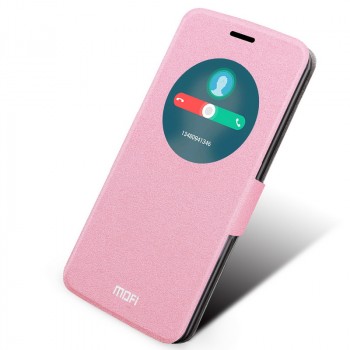 Чехол флип подставка с круглым окном вызова и магнитной застежкой на силиконовой основе и рельефной текстурой для Asus Zenfone 2 Розовый