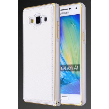 Двухкомпонентный чехол с винтовым двухцветным металлическим бампером и кожаной накладкой для Samsung Galaxy A5 Белый
