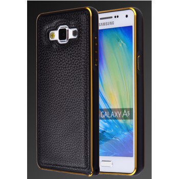 Двухкомпонентный чехол с винтовым двухцветным металлическим бампером и кожаной накладкой для Samsung Galaxy A5 Черный