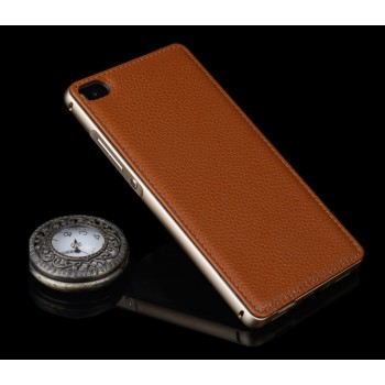 Двухкомпонентный гибридный чехол с металлическим бампером и кожаной накладкой (нат. кожа) для Huawei P8 Lite Бежевый