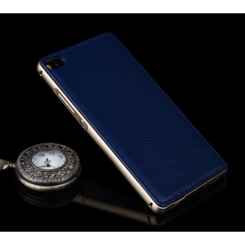 Двухкомпонентный гибридный чехол с металлическим бампером и кожаной накладкой (нат. кожа) для Huawei P8 Lite Синий