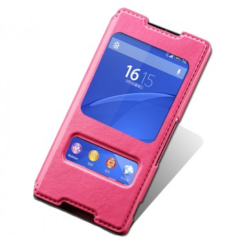 Текстурный чехол флип подставка на пластиковой основе с окном вызова и свайпом для Sony Xperia Z3+ Розовый