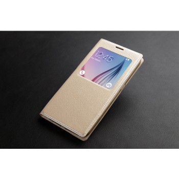 Ультратонкий клеевой кожаный чехол флип (нат. кожа) с окном вызова для Samsung Galaxy S6 Edge Бежевый