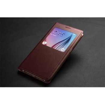 Ультратонкий клеевой кожаный чехол смарт флип с окном вызова для Samsung Galaxy S6 Бордовый