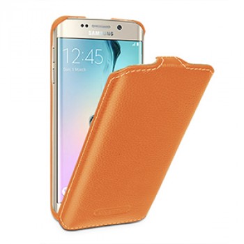 Кожаный чехол вертикальная книжка (нат. кожа) для Samsung Galaxy S6 Edge Оранжевый