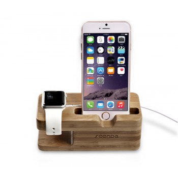 Натуральная безугловая деревянная подставка для одновременной настольной зарядки Apple Watch и iPhone