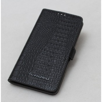 Кожаный чехол портмоне (нат. кожа крокодила) на пластиковой основе для Lenovo S660 Ideaphone Черный