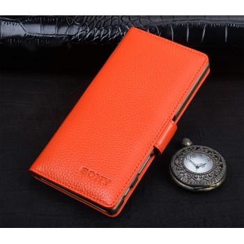 Кожаный чехол портмоне подставка (премиум нат. кожа) с крепежной застежкой для Sony Xperia X Оранжевый