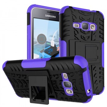 Силиконовый матовый непрозрачный чехол с нескользящими гранями, улучшенной защитой элементов корпуса (заглушки) и встроенной ножкой-подставкой для Samsung Galaxy J1 (2016) Фиолетовый