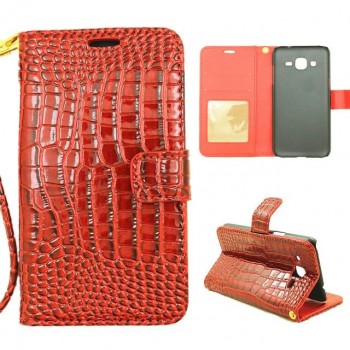 Чехол портмоне подставка текстура Крокодил на пластиковой основе на магнитной защелке для Samsung Galaxy J1 (2016)  Красный