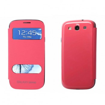 Текстурный чехол флип на пластиковой основе с окном вызова и свайпом для Samsung Galaxy Grand / Grand Neo Розовый