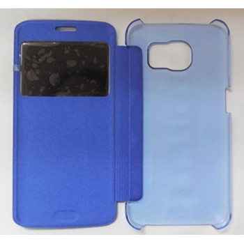 Чехол горизонтальная книжка на пластиковой транспарентной основе с окном вызова для Samsung Galaxy S6 Edge  Синий