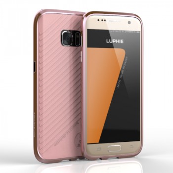Двухкомпонентный чехол c металлическим бампером и кожаной накладкой для Samsung Galaxy S7 Розовый