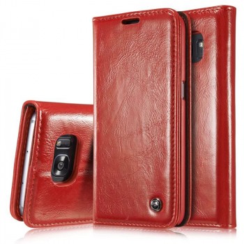 Вощеный чехол горизонтальная книжка подставка на пластиковой основе с отсеком для карт для Samsung Galaxy S7  Красный