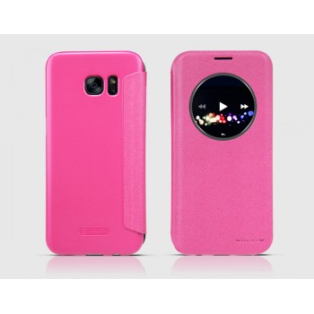 Чехол горизонтальная книжка на пластиковой нескользящей премиум основе с окном вызова для Samsung Galaxy S7 Edge  Розовый