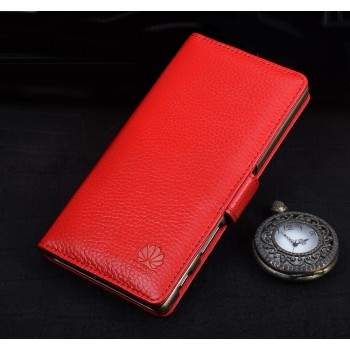 Кожаный чехол портмоне подставка (премиум нат. кожа) с крепежной застежкой для Huawei P9 Lite  Красный
