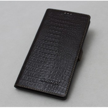 Кожаный чехол горизонтальная книжка подставка (премиум нат. кожа крокодила) на силиконовой основе с крепежной застежкой для Sony Xperia X Performance Коричневый