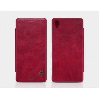 Чехол горизонтальная книжка на пластиковой основе с отсеком для карт текстура Кожа для Sony Xperia X Performance  Красный