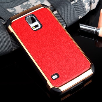 Противоударный двухкомпонентный силиконовый матовый непрозрачный чехол с поликарбонатными вставками экстрим защиты с текстурным покрытием Кожа для Samsung Galaxy S5 (Duos)  Красный