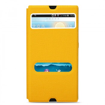 Текстурный чехол горизонтальная книжка подставка на пластиковой основе с окном вызова и свайпом для Sony Xperia Z Желтый