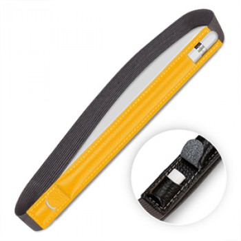 Кожаный мешок (нат. кожа) для Apple Pencil с отдельным карманом на клапане для переходника на регулируемом резиновом поясе Желтый
