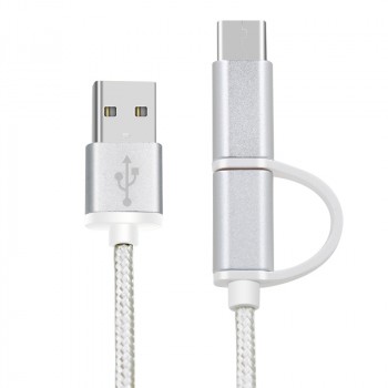 Кабель универсальный USB-Micro USB/Lightning в тканевой оплетке с алюминиевыми разъемами 1.5м 2.1А Серый